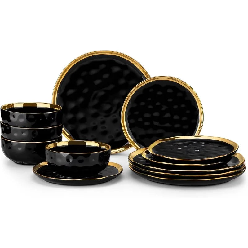 12 Pieces Plates and Bowls Sets, Porcelain White and Gold Dinnerware Sets, Round Dinner Plates Dishes Set Service