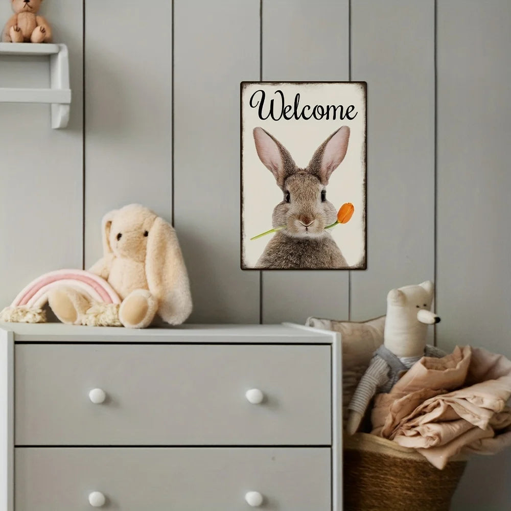 Welcome Metal Sign, Vintage Rabbit