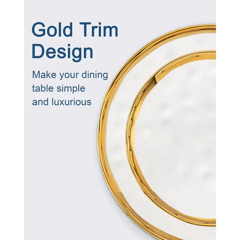 12 Pieces Plates and Bowls Sets, Porcelain White and Gold Dinnerware Sets, Round Dinner Plates Dishes Set Service