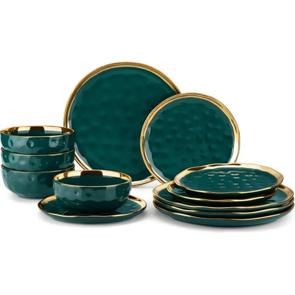 12 Pieces Plates and Bowls Sets, Porcelain White and Gold Dinnerware Sets, Round Dinner Plates Dishes Set Service
