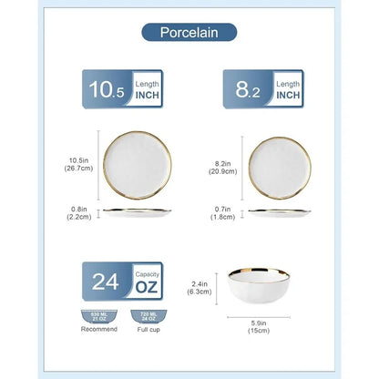 12 Pieces Plates and Bowls Sets, Porcelain White and Gold Dinnerware Sets, Round Dinner Plates Dishes Set Service