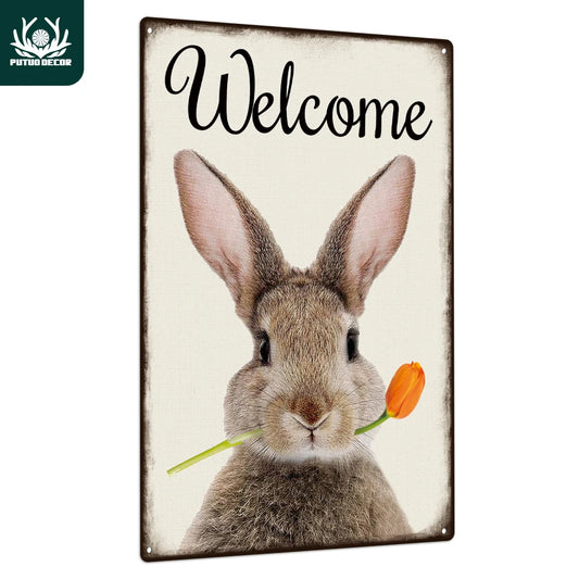 Welcome Metal Sign, Vintage Rabbit