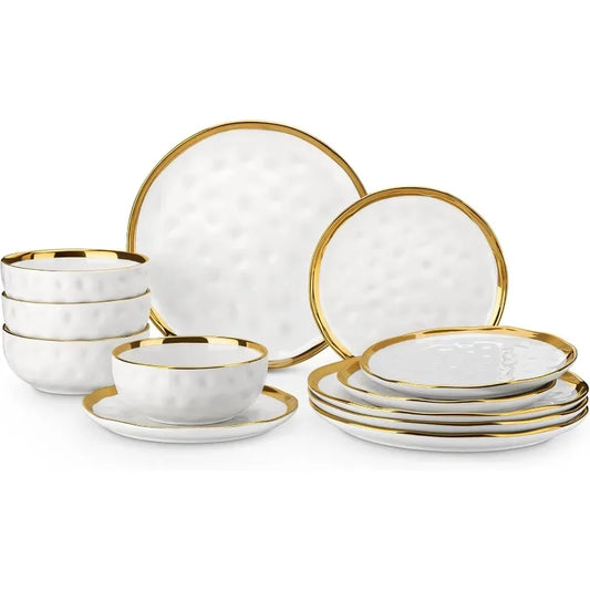 12 Pieces Plates and Bowls Sets, Porcelain White and Gold Dinnerware Sets, Round Dinner Plates Dishes Set Service