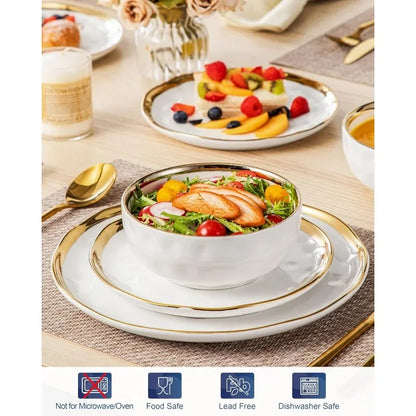 12 Pieces Plates and Bowls Sets, Porcelain White and Gold Dinnerware Sets, Round Dinner Plates Dishes Set Service